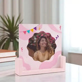 Personalized Birthday Photo Frame with festive pink design and image slot, ideal birthday gift for women, girlfriends, or family members.